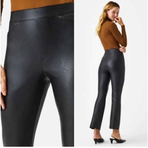 SPANX Black Faux Leather Cropped Pull On Flare Pants Size XL - Picture 2 of 9